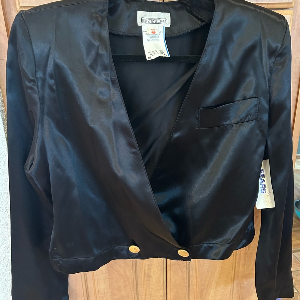 Crop Black Satin Women's Blazer with Gold Buttons